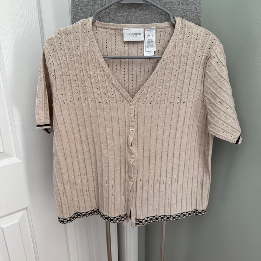 VTG Liz Claiborne Y2K Ribbed Knit Short Sleeve Cardigan Beige Cotton Top L